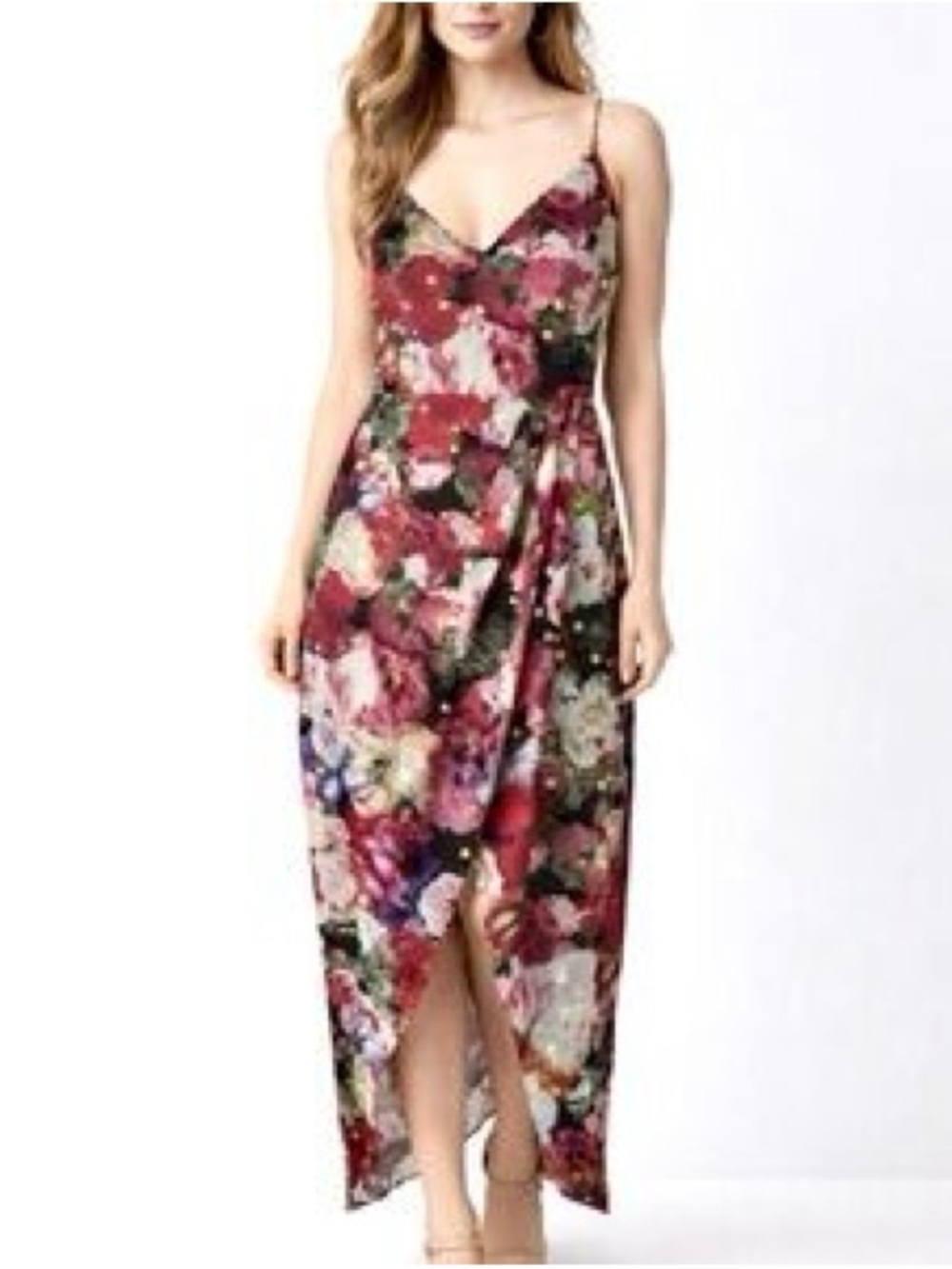 Express Red Floral V-Neck High-Low Maxi Dress